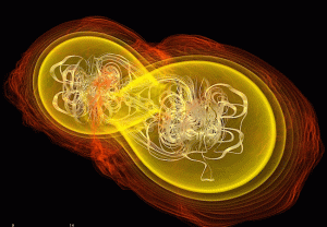 Simulation von Neutronen-Doppelsternen. Bild: Arbeitsgruppe Luciano Rezzolla