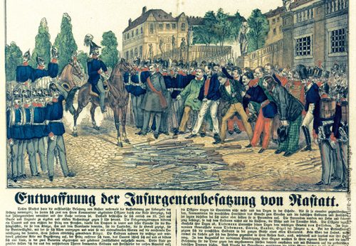Disarmament of the Rastatt insurgents: On July 23, 1849, the insurgents in Baden surrendered and handed over their weapons to the Prussian military. This colored chalk lithography appeared in the picture book Neuruppiner Bilderbogen.