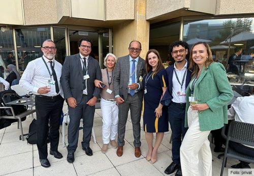 Alisson Felipe Moraes Neves von der Goethe-Universität (zweiter von rechts) in Genf zusammen mit Vertreter*innen des brasilianischen Ministeriums für Umwelt und Klimaschutz, darunter der Exekutivsekretär der BRS-COPs, Dr. Rolph Payet (Mitte); (Foto: privat).