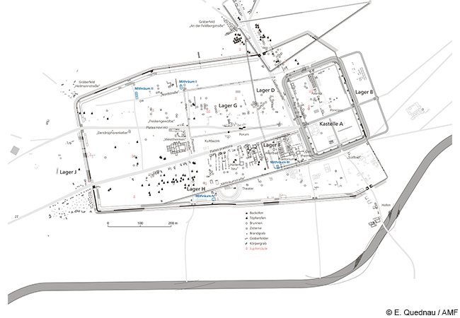 General plan of Roman Nida showing the settlement and its burial grounds. The cult district lay at the city’s center, in an area long thought to belong to the forum or central marketplace. (© E. Quednau / AMF).
