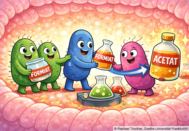 Formate is produced by various bacteria and taken up by B. luti, which converts it into acetate. B. luti can also produce formate itself. © Raphael Trischler, Goethe University Frankfurt/AI