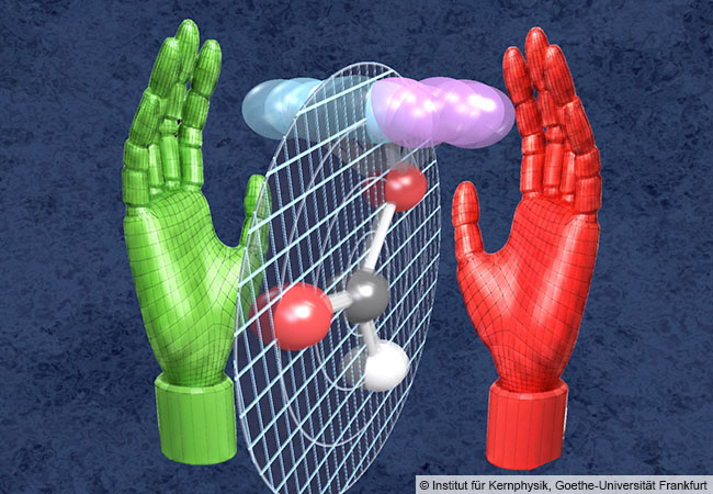 Die quantenmechanische Nullpunktschwingung, das „Zittern“ der Atome, macht die Ameisensäure zu einem chiralen (händischem) Molekül, dessen beide Formen sich wie die rechte und linke Hand nicht in Deckung bringen lassen. © Institut für Kernphysik, Goethe-Universität Frankfurt