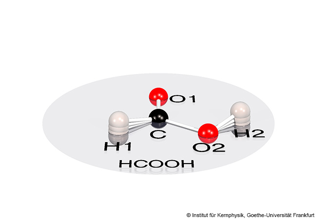 Auch am absoluten Nullpunkt vibrieren die beiden Wasserstoffatome H1 und H2 der Ameisensäure und ragen dadurch aus der Ebene von Kohlenstoff (C) und Sauerstoff (O) heraus. © Institut für Kernphysik, Goethe-Universität Frankfurt