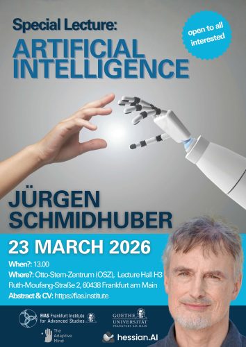 Veranstaltungsplakat zum Vortrag "Sondervorlesung: Artificial Intelligence - Ein Blick in Gegenwart und Zukunft der KI von Prof. Dr. Jürgen Schmidhuber"
